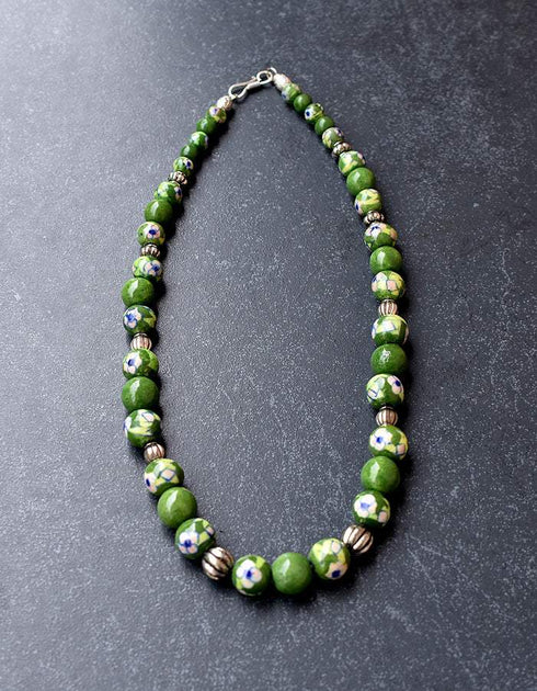 Full Blue Pottery Bead Long Necklace (Green)
